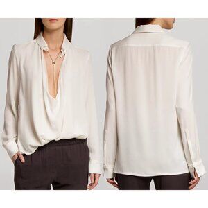 Halston Heritage Cowl Front Silk Long Sleeves Classic Elegant Blouse Ivory 0